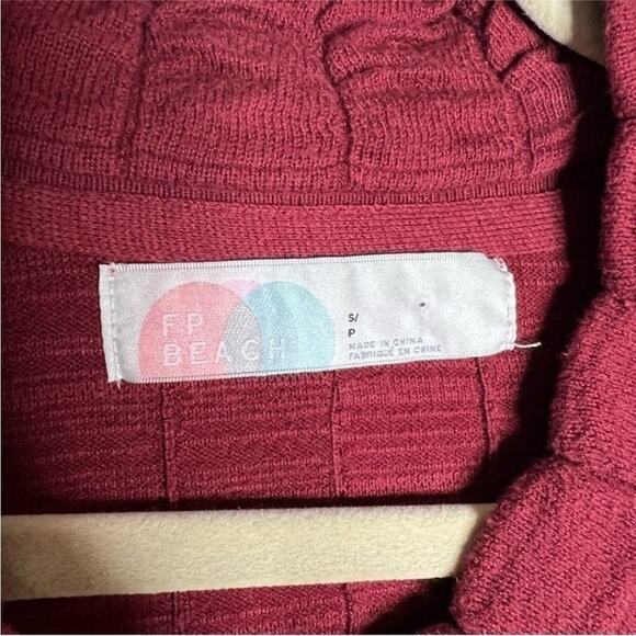 FP FREE PEOPLE Beach Burgundy Red Tan Button Knit Cardigan Ruche Bomber Jacket S - Picture 6 of 10